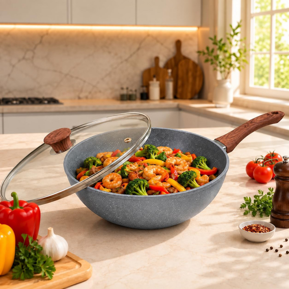 Frigideira Wok Cerâmica Granito 28 cm com Tampa