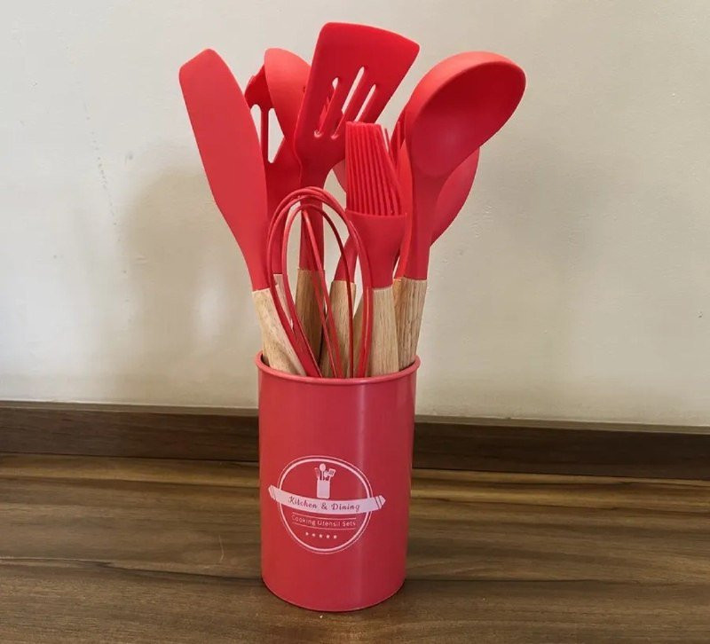 Kit C/12 Utensílios De Cozinha Silicone Cabo Madeira