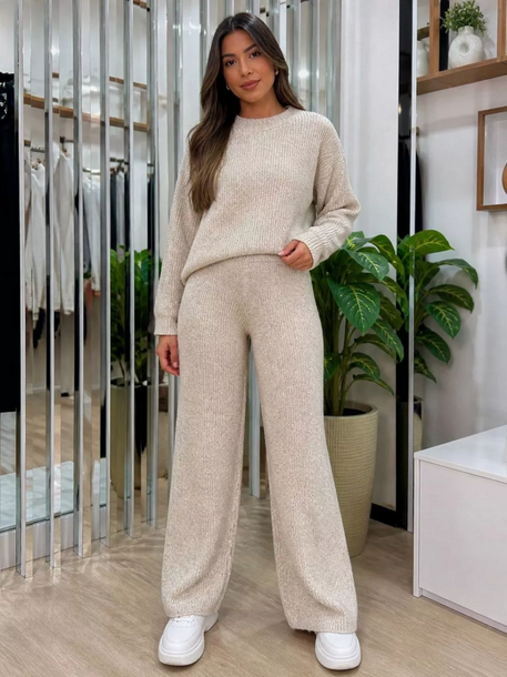 Conjunto Tricot Blusa Manga Calça Pantalona