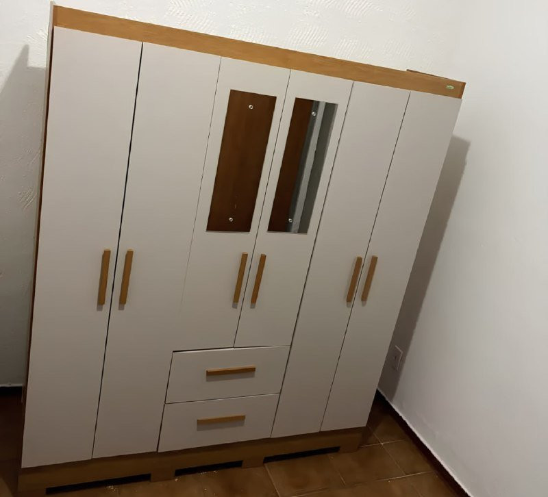 Guarda-roupa Casal com Espelho 6 Portas 2 Gavetas Sallêto Cinamomo/Off White