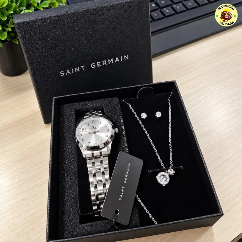 Kit Relogio Colar Brincos Prata Saint Germain