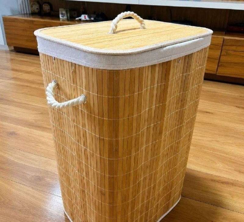 Cesto De Roupa Bambu De 72L Com Forro De Linho