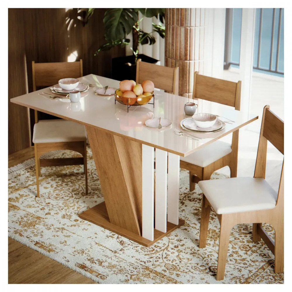 Mesa de Jantar 4 Cadeiras Estofadas MDF Vidro