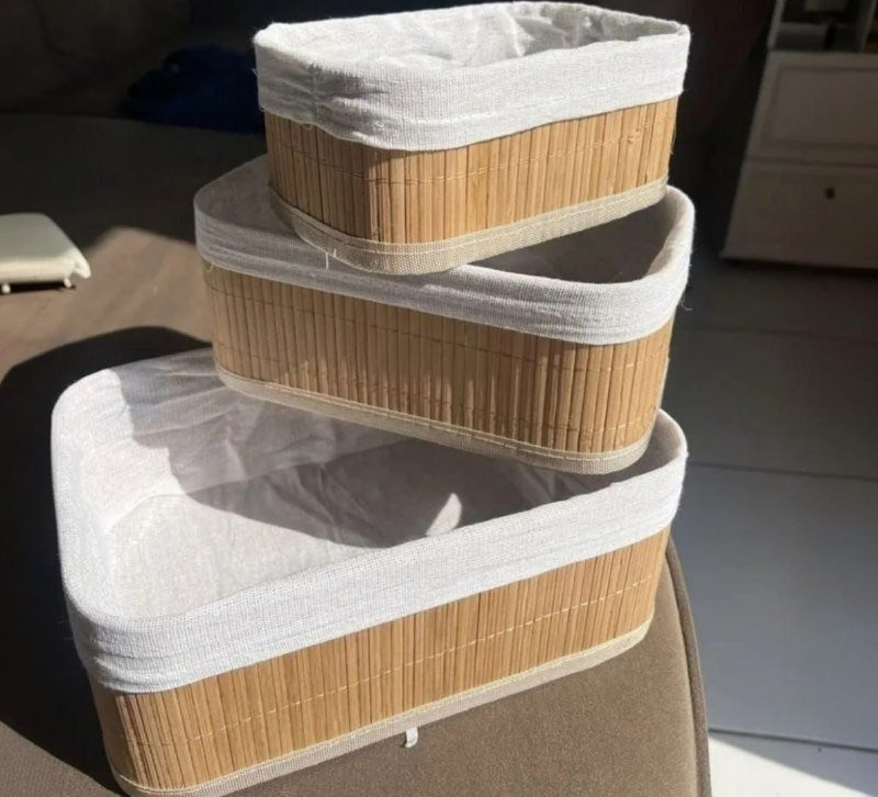 Kit 3 Cestos Organizadores De Bambu Com Forro