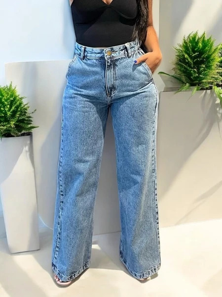 Calça Wide Leg Jeans Marmorizada Cintura Alta