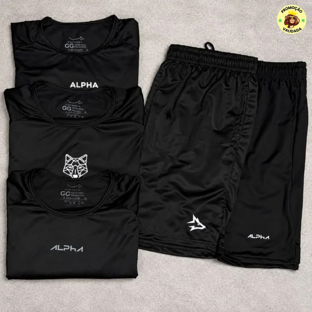 KIT COMPLETO PRA ACADEMIAKit com 5 pecas Dry All Black Alpha 3 Camisetas 2 Bermudas