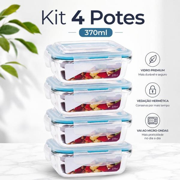 KIT 4 Potes de Vidro Retangular com Tampa Hermética 370ml - Casa Linda