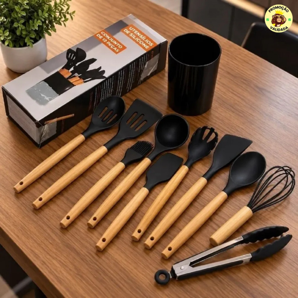 Kit com 12 Utensilios de Cozinha Silicone