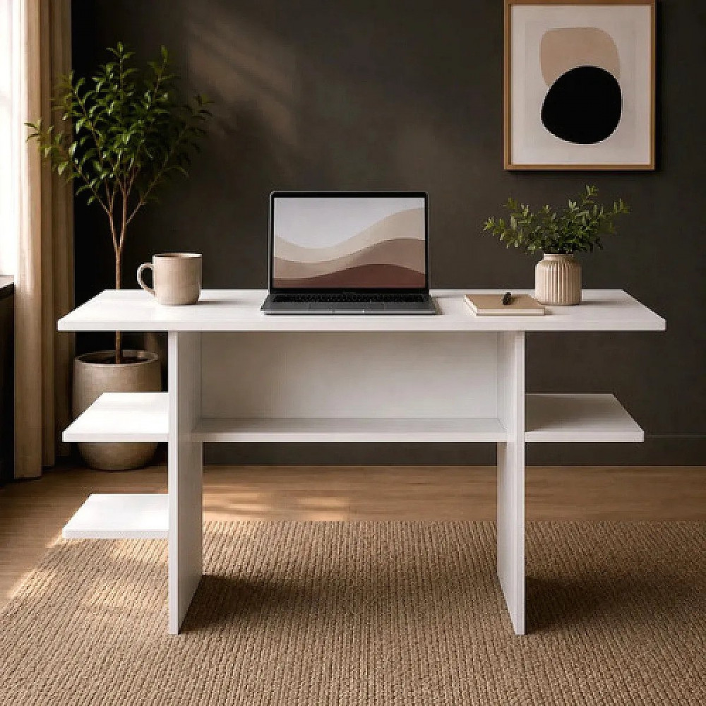 Mesa Para Computador Moderno Branco com Nichos