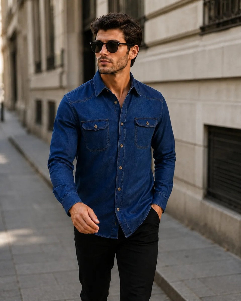 Camisa Jeans Masculina Slim Manga Longa G