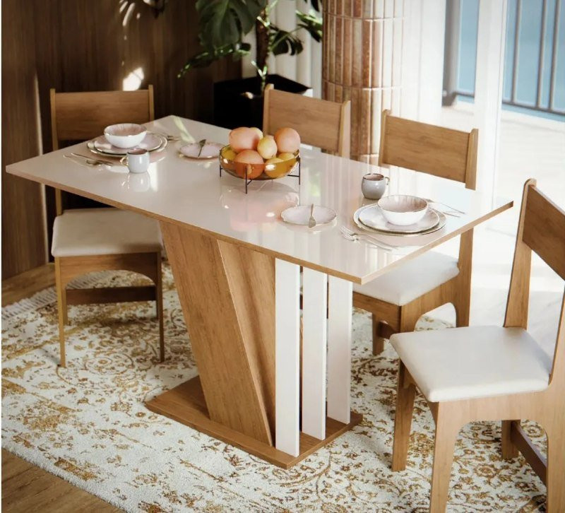 Mesa De Jantar Com 4 Cadeiras Estofadas Com Tampo Em MDF