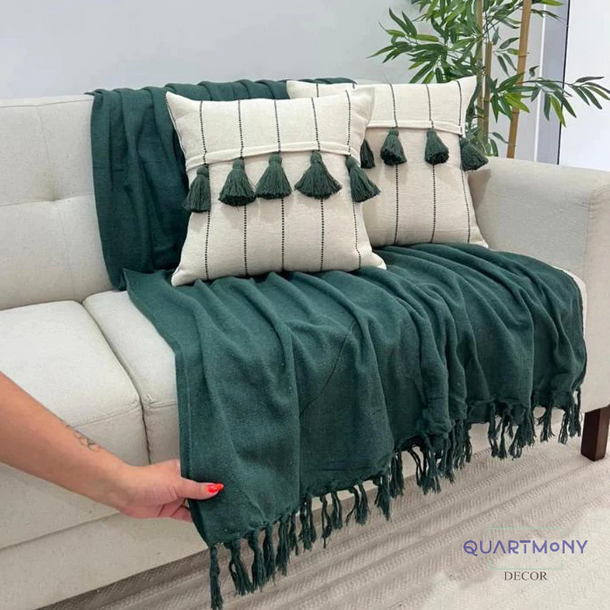 Kit Capa Almofada Pompom Listra Verde Musgo