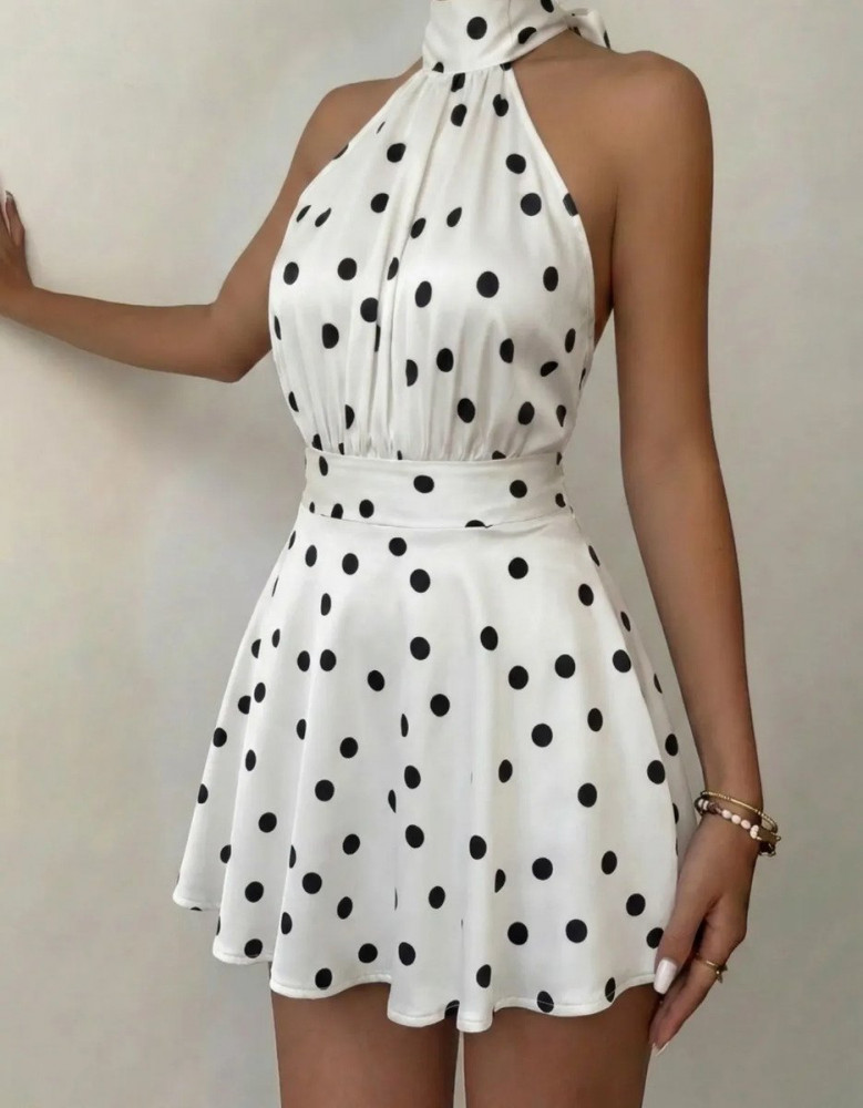 Vestido Curto Poá Gola Alta Casual Verão