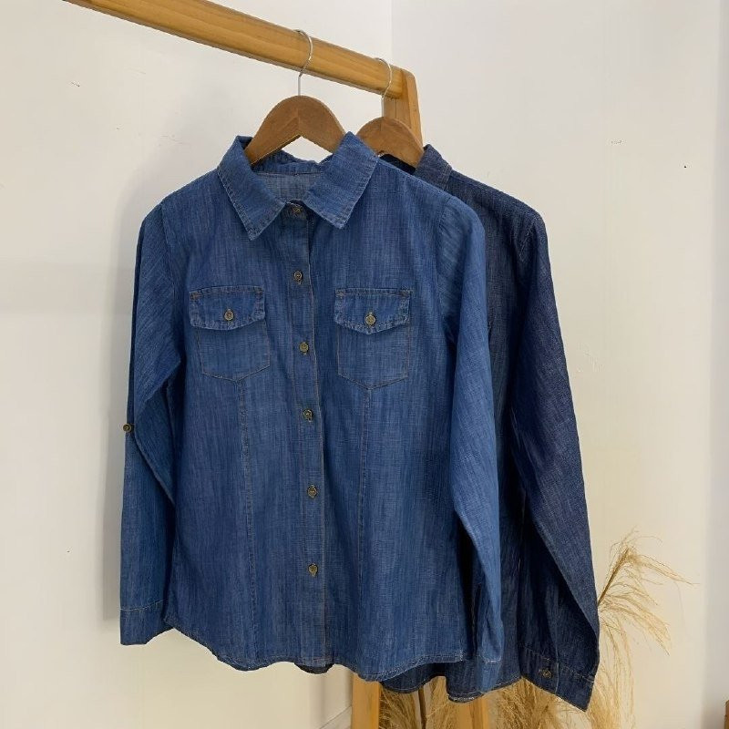 Camisa Jeans Social Slim Manga Longa