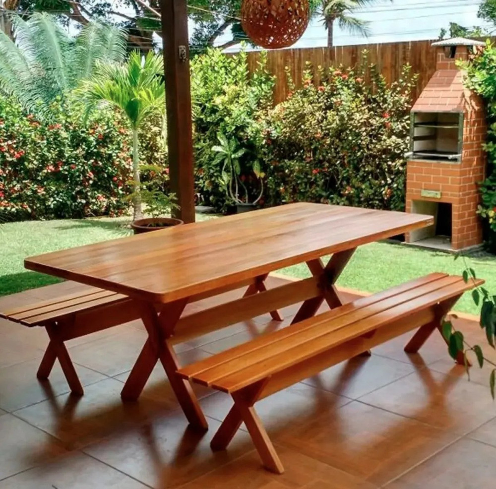 Mesa Rústica com Bancos Madeira Churrasco 2,00m