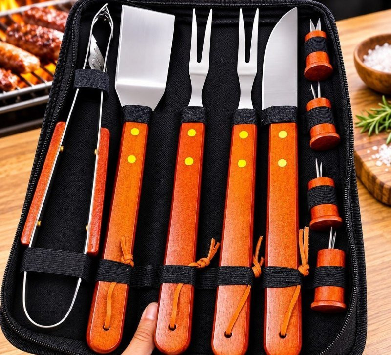 Kit Churrasco Faqueiro Cabo Longo Madeira Maleta Nylon 10pçs