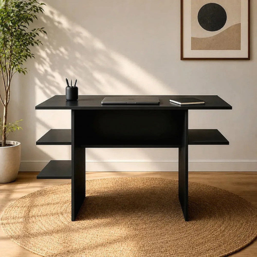 Mesa de Estudo MDP Preto com Nichos e Prateleiras
