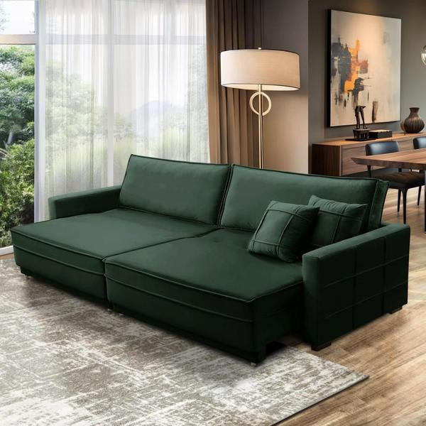 Sofá Cama Retrátil e Reclinável 2,10m com Molas Karen Veludo Verde Adonai Estofados