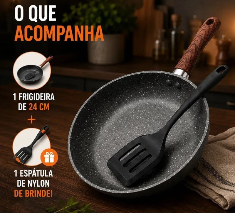 KIT PARA OS OVINHO DE TODO DIA Frigideira Antiaderente Cerâmica Granito 24cm com Espátula