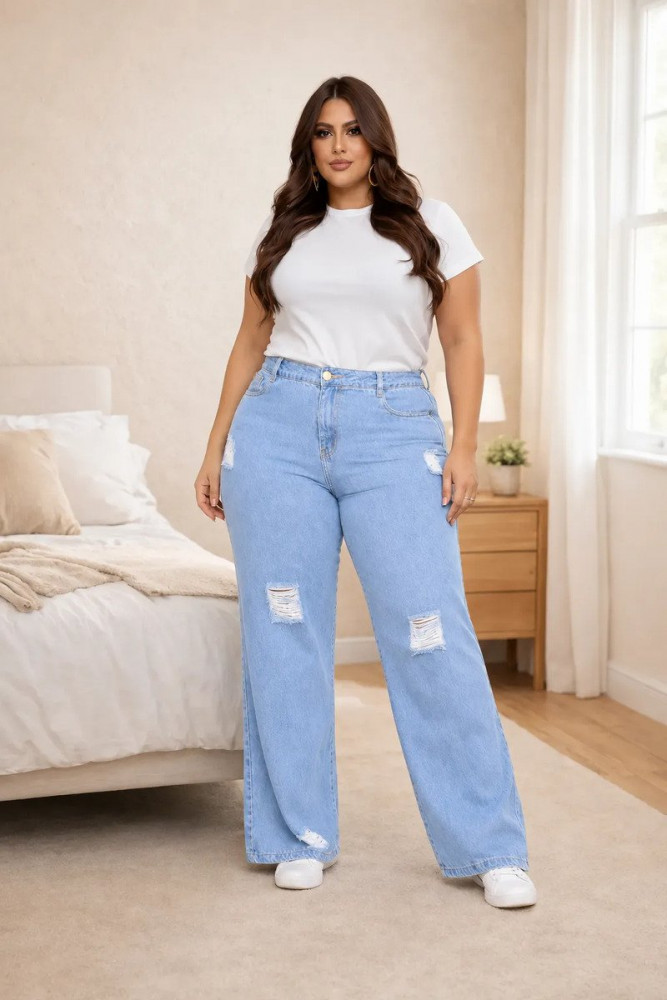 Calça Jeans Feminina Plus Size Wide Leg