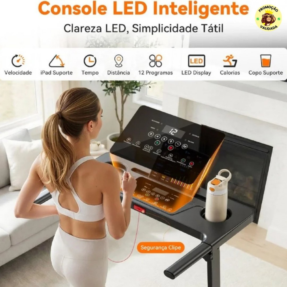 Esteira Ergométrica Elétrica 2,0HP com Trava de Segurança, Visor LED e Suporte para Celular
