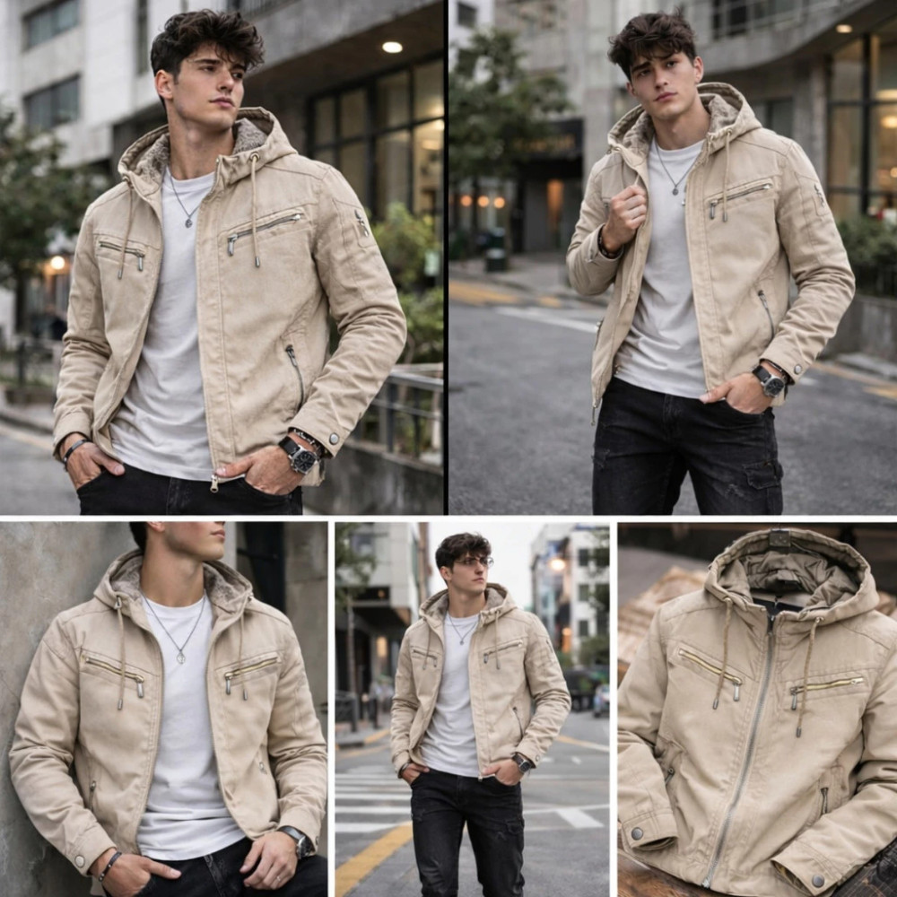 Jaqueta de Sarja Masculina Forrada Capuz