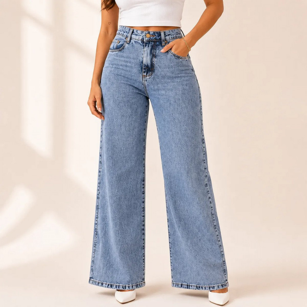 Calça Jeans Pantalona Wide Leg Feminina Cintura Alta