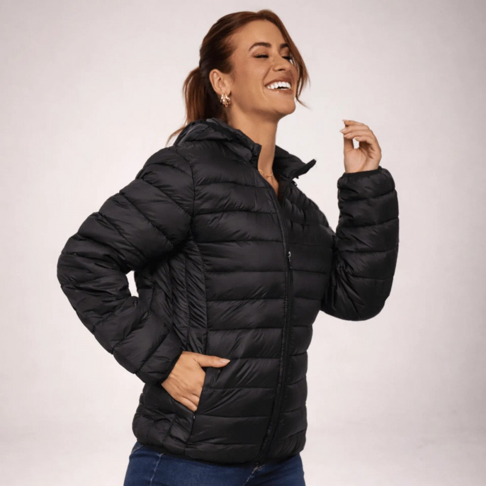 Jaqueta Puffer Feminina Impermeável com Capuz