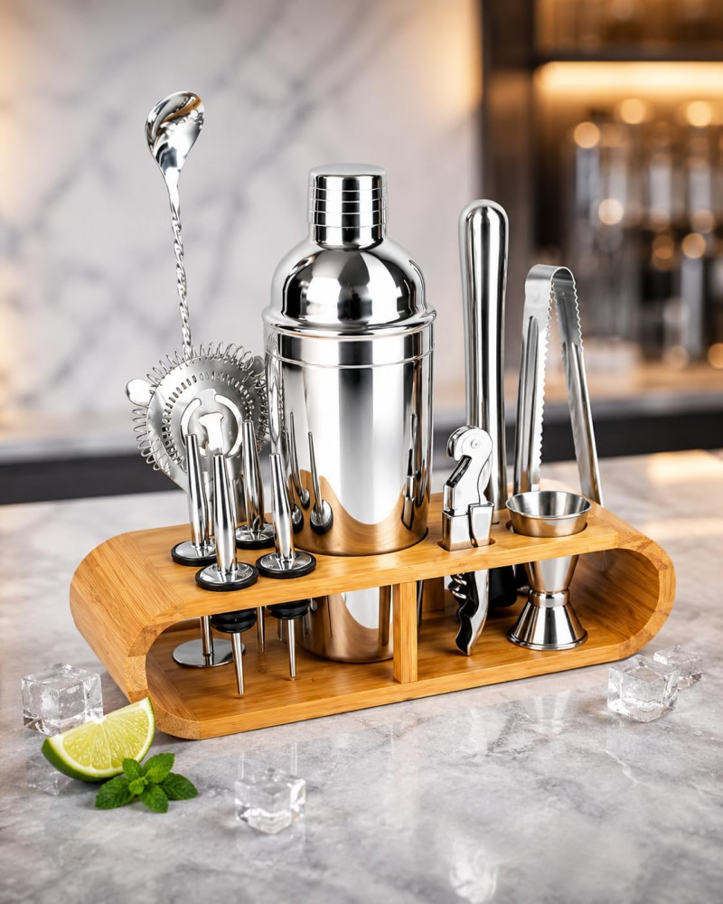 Kit Coqueteleira Inox 12 Peças com Suporte